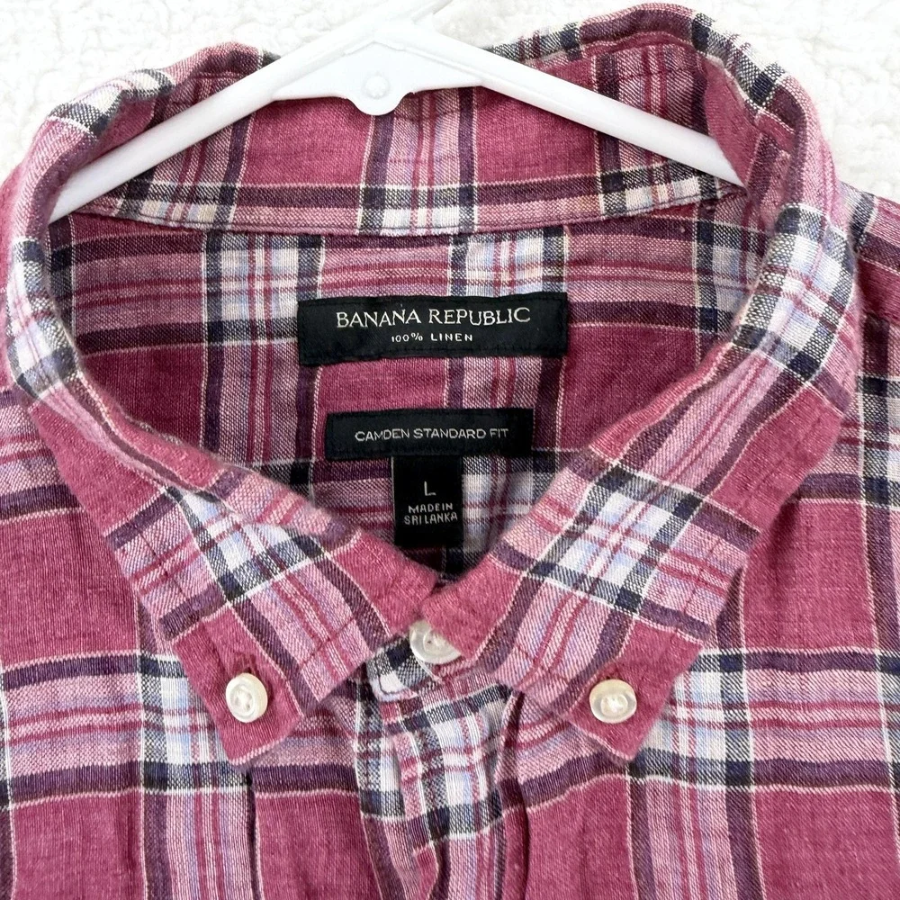 Banana Republic Shirt Mens Large Red Plaid‎ 100% Linen Camden Standard Fit